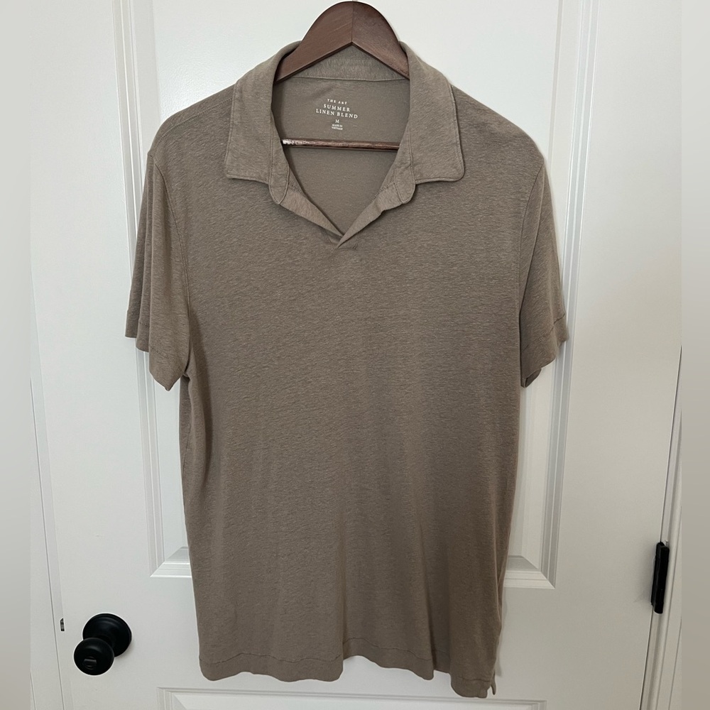 Abercrombie and Fitch Men's Tan Linen Polo Shirt